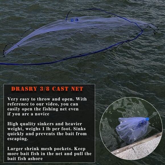 american saltwater fishing cast net Drasry 3/8inch Mesh Size DRASRY Boat Cast Netting For Shrimp
